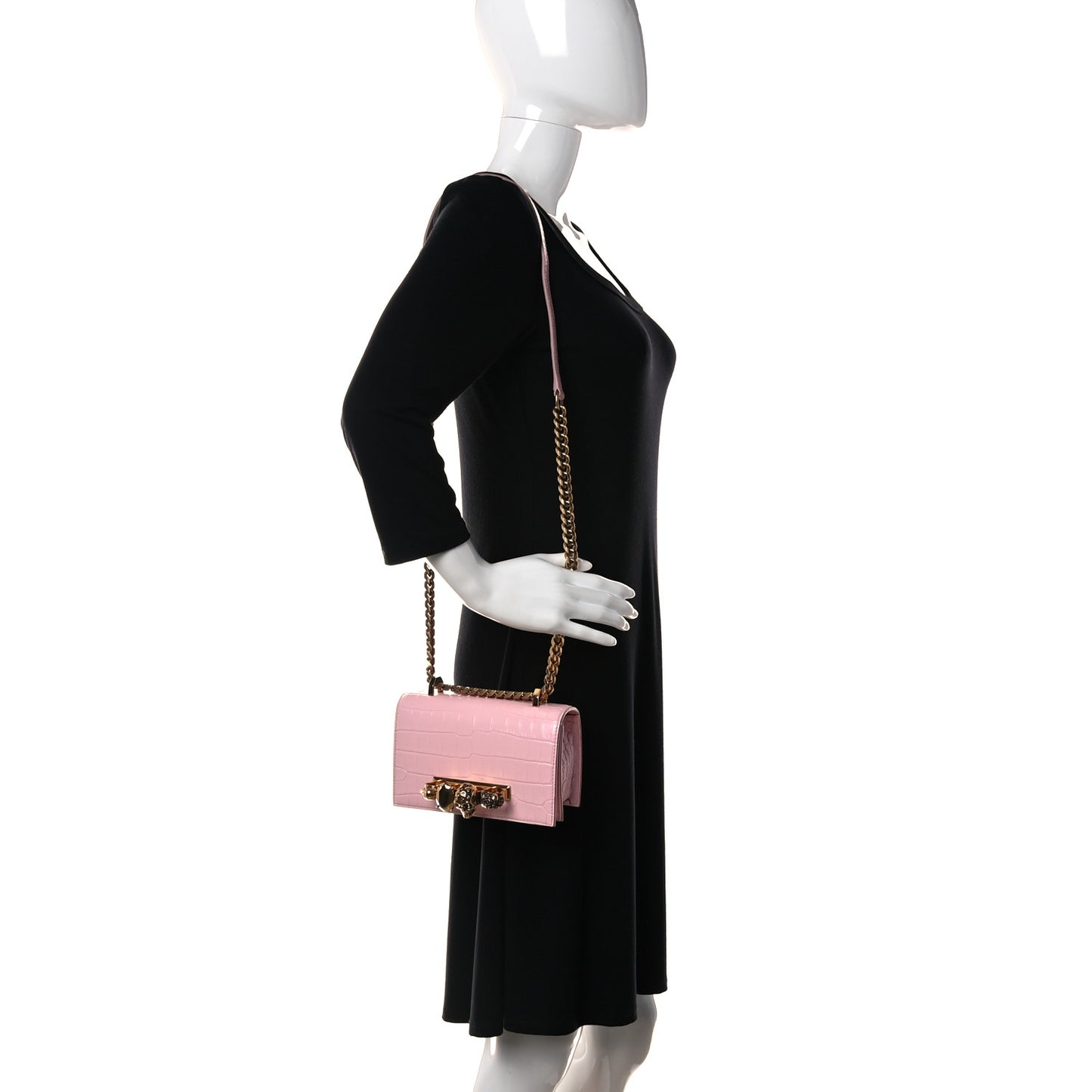Calfskin Crocodile Embossed Knuckle Shoulder Bag Light Pink