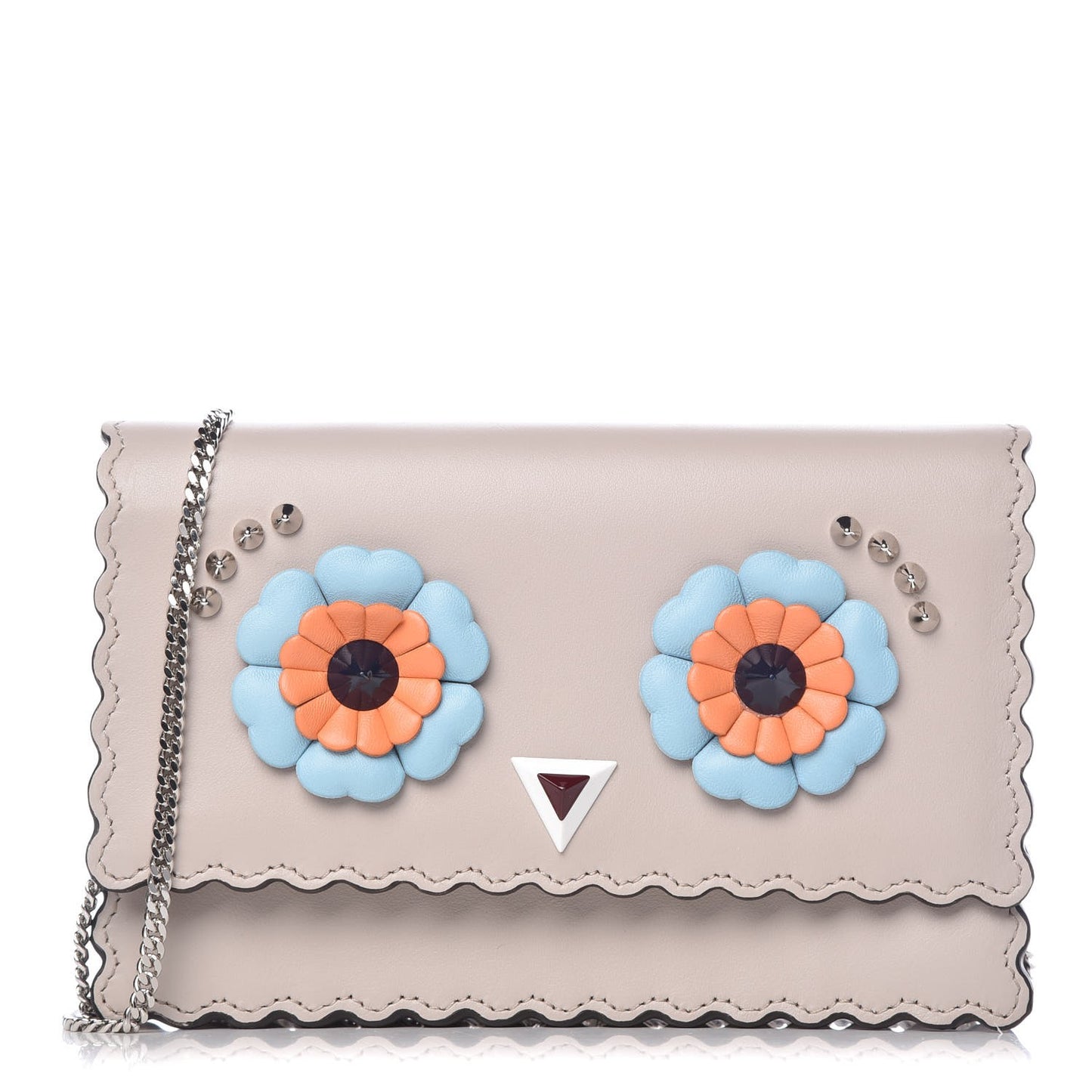 Vitello Century Lucido Nappa Hypnoteyes Scalloped Studded Tube Wallet on Chain Grigio Polvere Turchese Pallido Multicolor