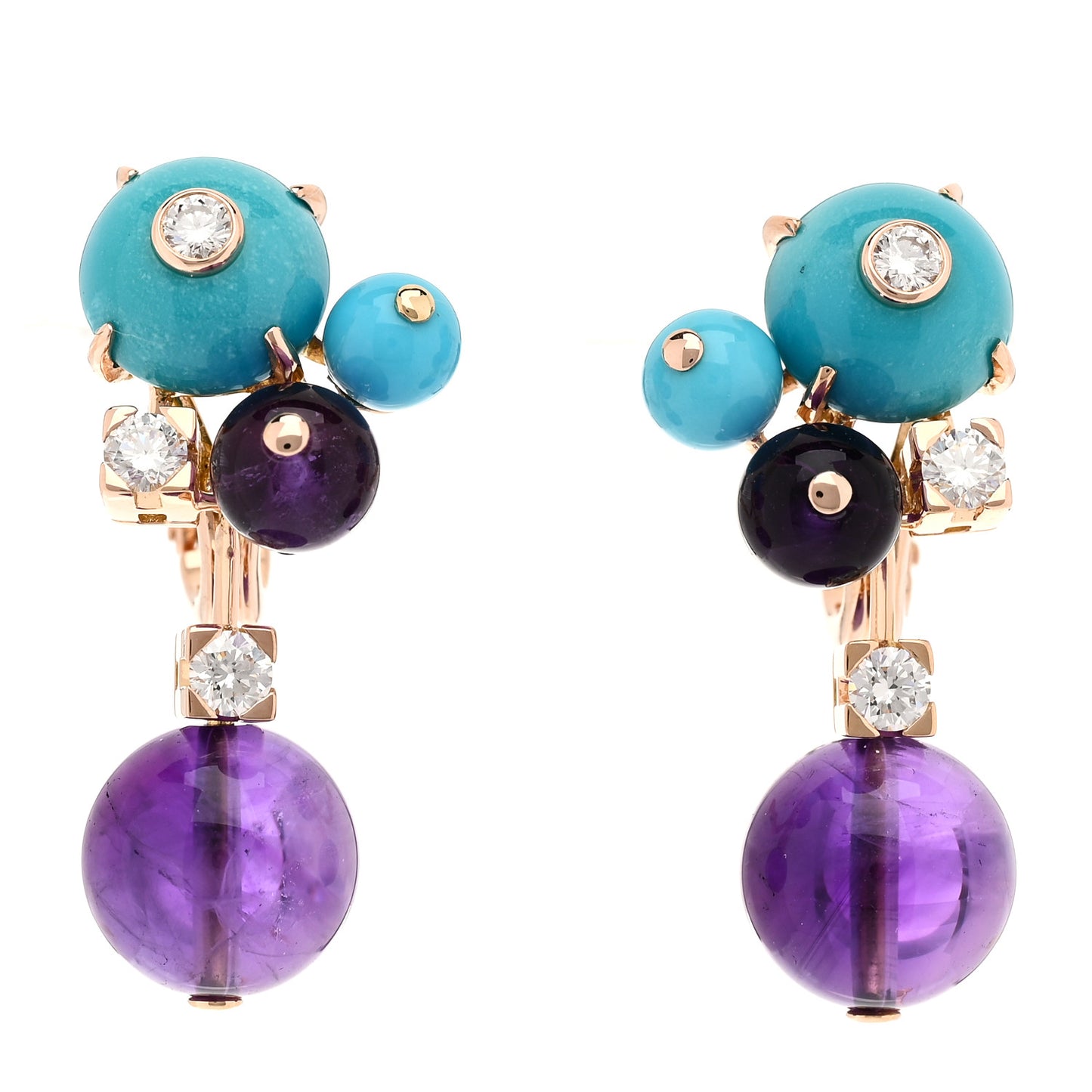 18K Pink Gold Diamond Amethyst Turquoise Delices de Goa Drop Earrings
