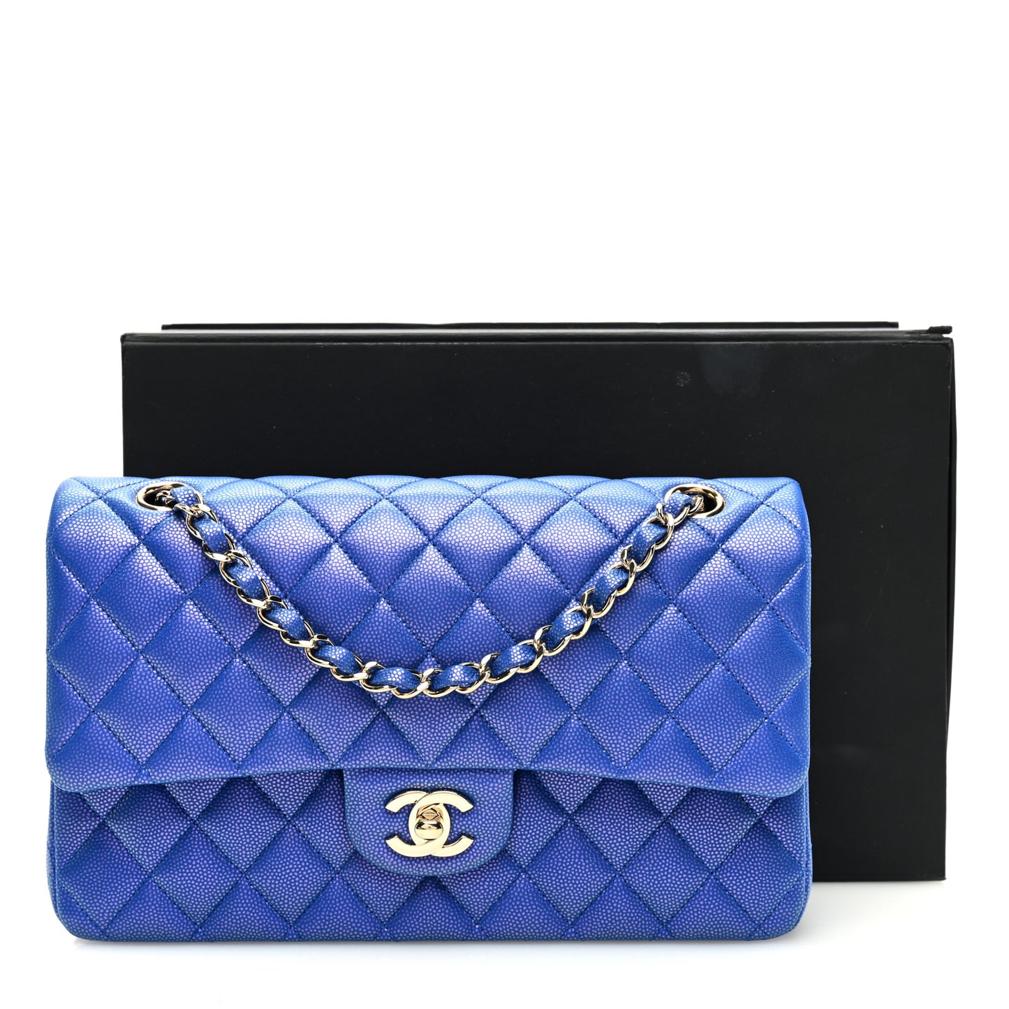 Iridescent Caviar Quilted Medium Double Flap Blue