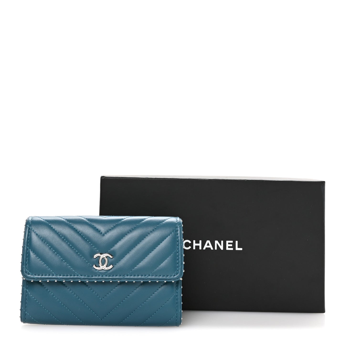 Lambskin Chevron Quilted Studded Small Flap Wallet Teal