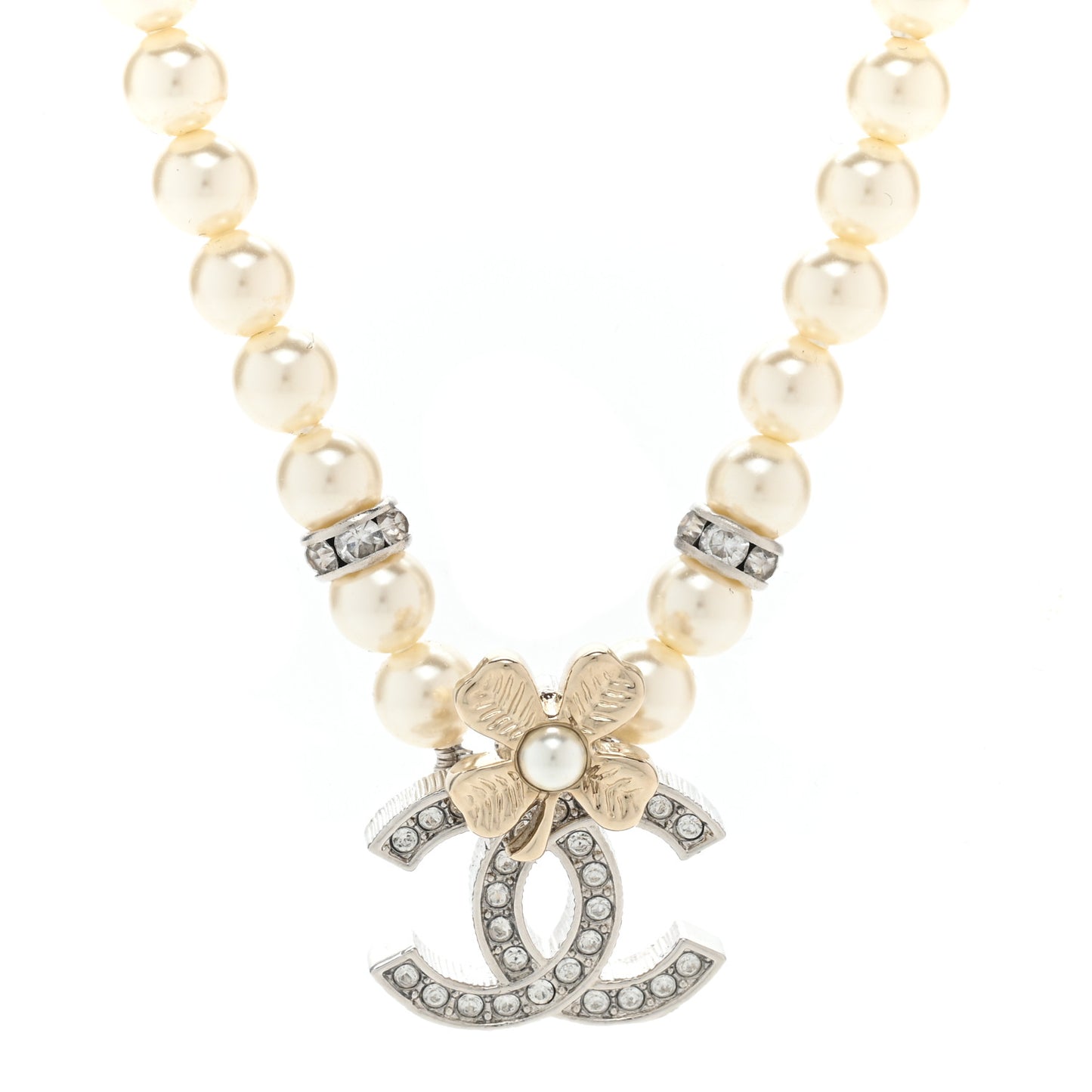 Pearl Crystal Chain CC Clover Necklace Gold Silver