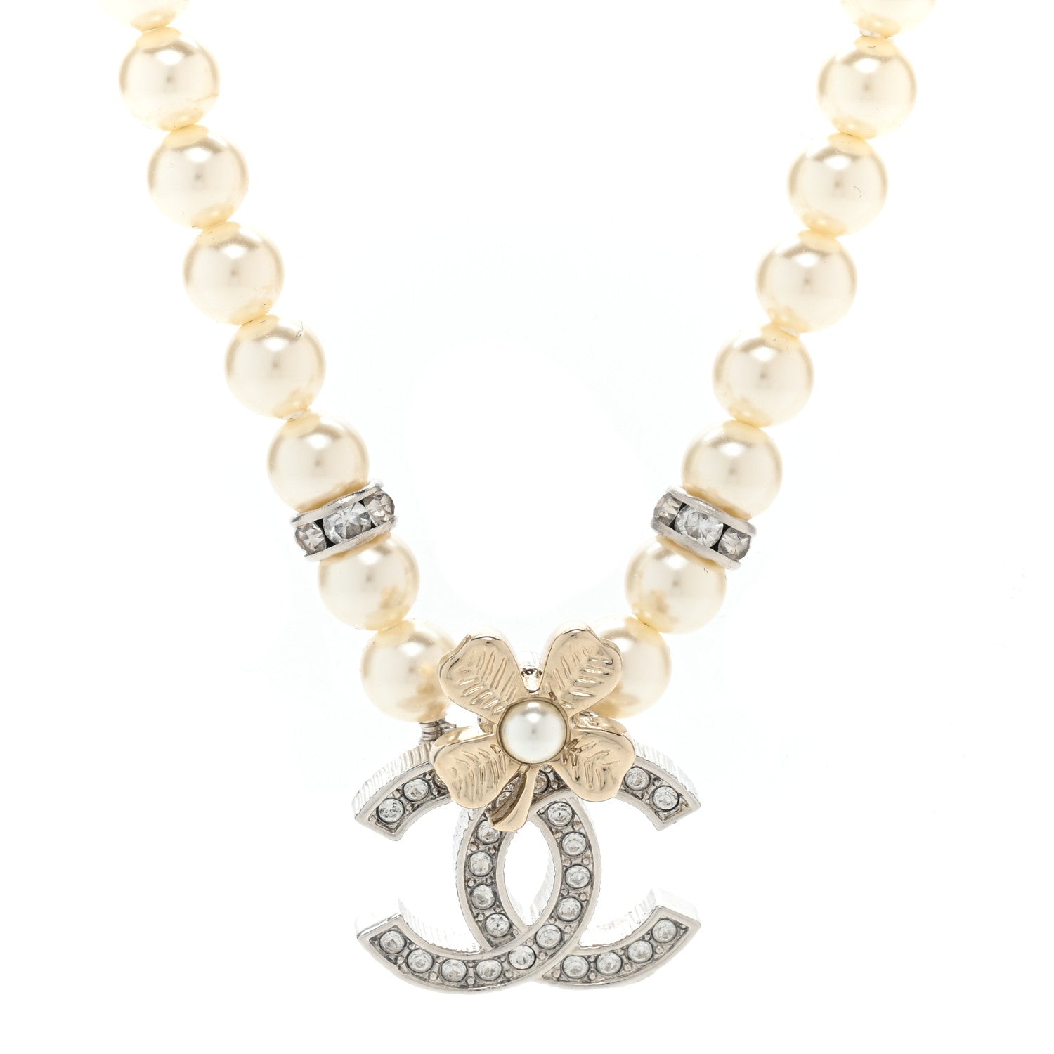 Chanel Pearl Crystal Chain CC Clover Necklace Gold Silver 4 of 6