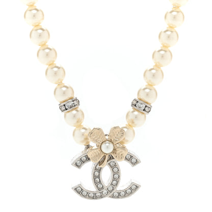 Chanel Pearl Crystal Chain CC Clover Necklace Gold Silver 4 of 6