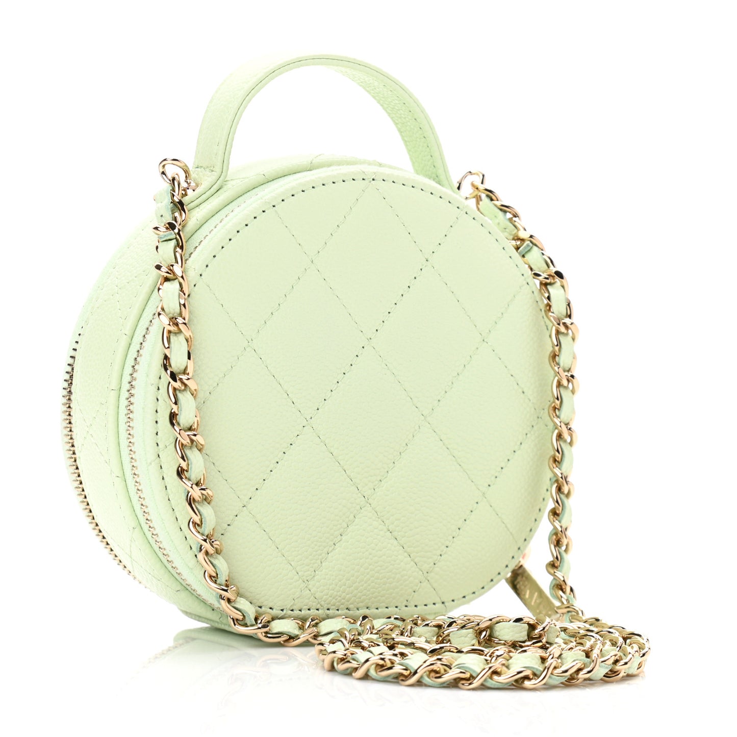 Caviar Quilted Round Handle With Care Vanity With Chain Light Green