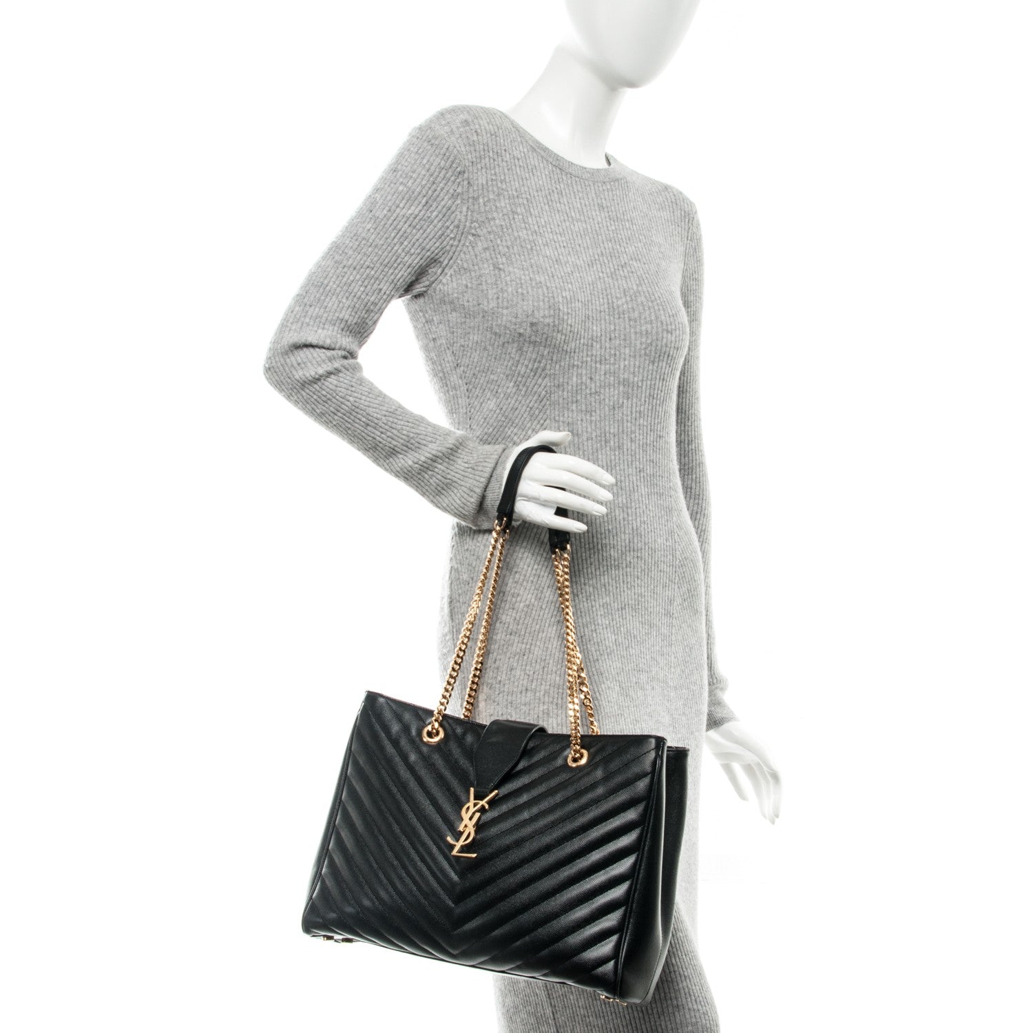 Saint Laurent Grain De Poudre Matelasse Chevron Monogram Shopping Bag Black 2 of 7