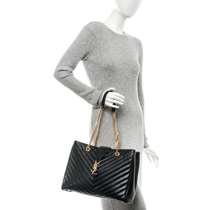 Saint Laurent Grain De Poudre Matelasse Chevron Monogram Shopping Bag Black 2 of 7