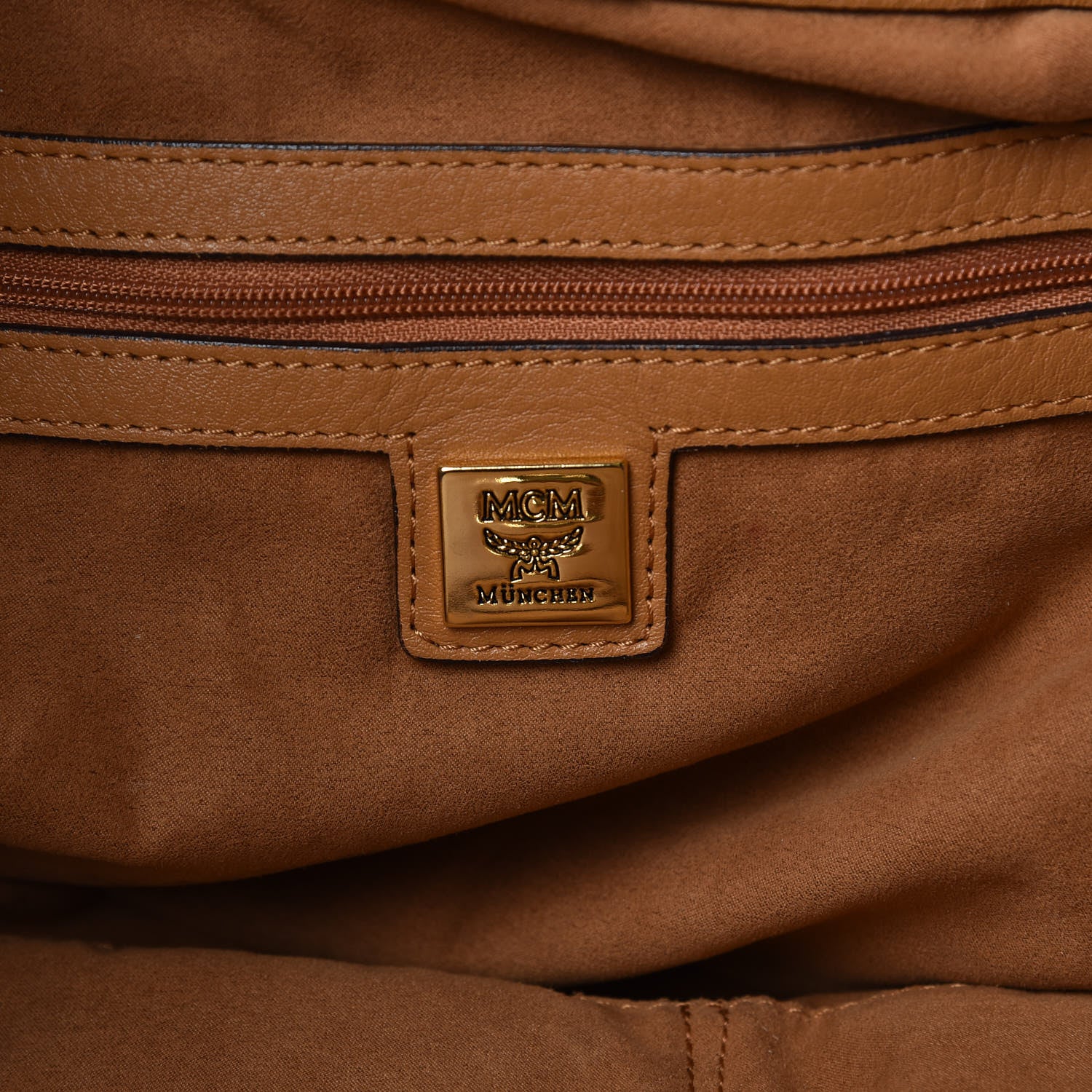 MCM Visetos Studded Medium Drawstring Shopper Cognac 7 of 15