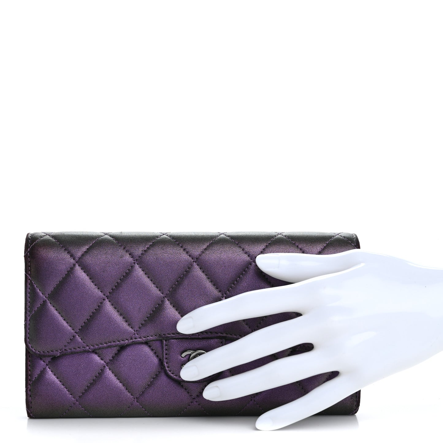 Iridescent Lambskin Quilted Large Gusset Flap Wallet Purple