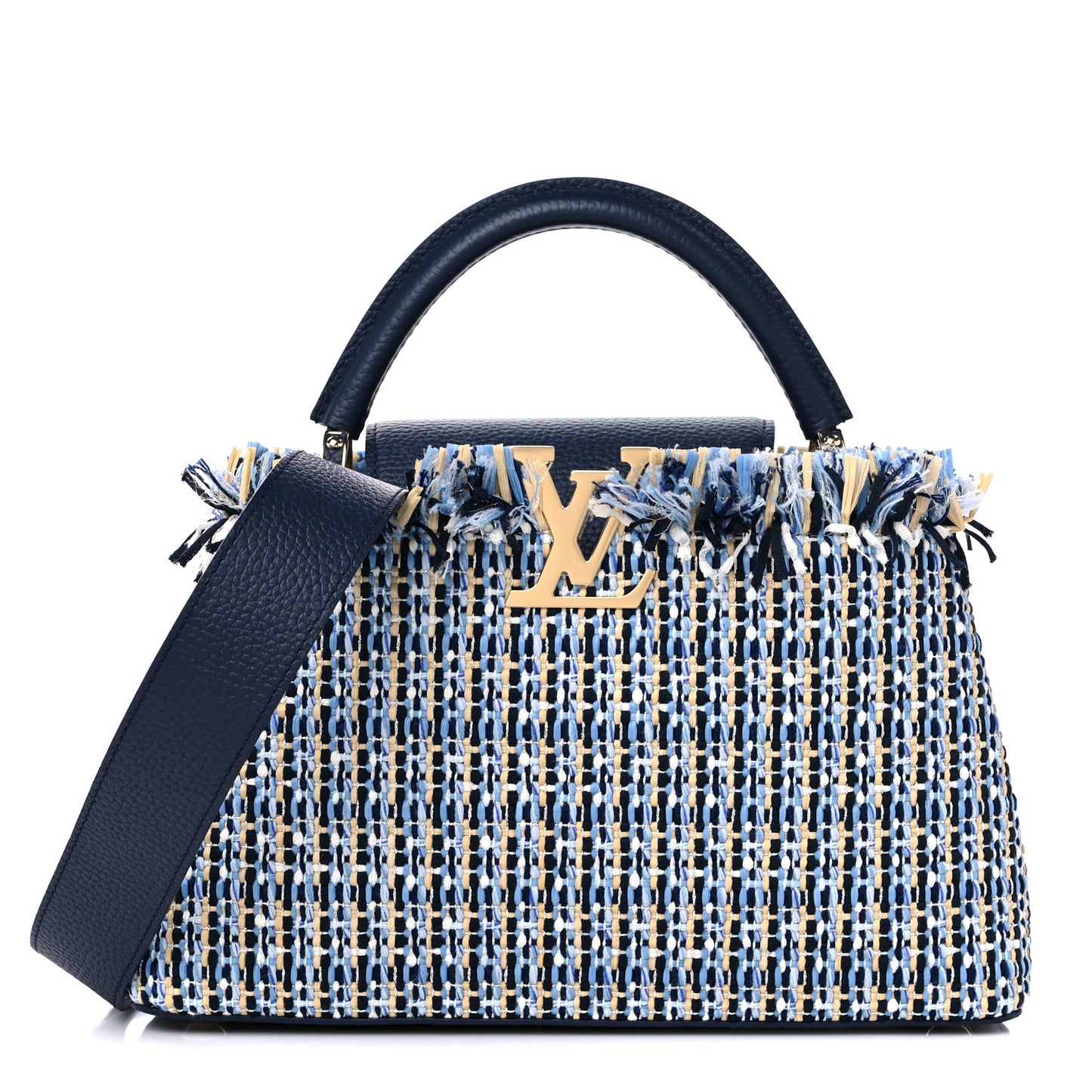 Tweed Raffia Calfskin Capucines MM Multicolor Navy
