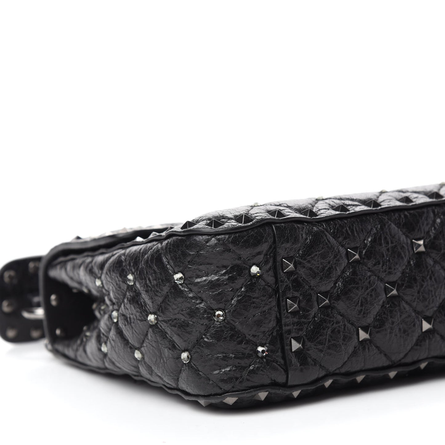 Craquele Nappa Medium Rockstud Spike Shoulder Bag Black