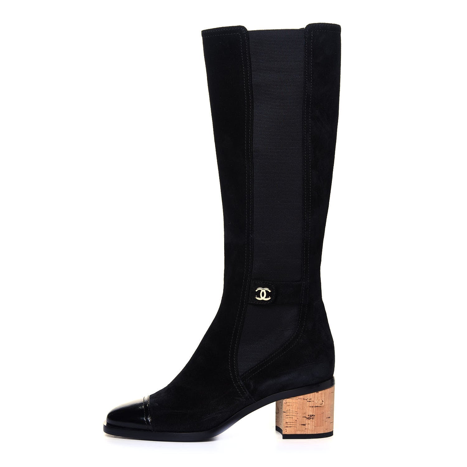 Chanel Suede Patent Calfskin CC Cork Cap Toe Tall Boots 39.5 Black 1 of 6