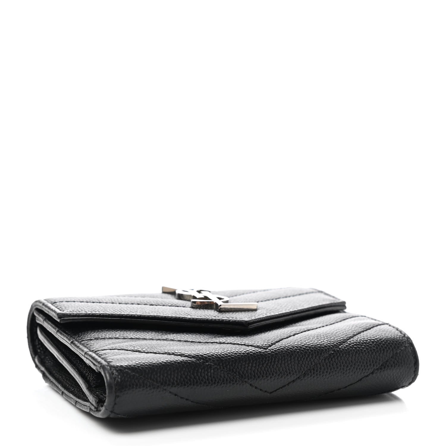 Saint Laurent Grain De Poudre Matelasse Chevron Monogram Compact Tri Fold Wallet Black 4 of 6