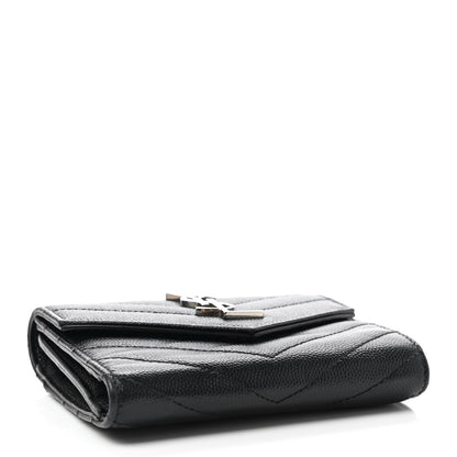 Saint Laurent Grain De Poudre Matelasse Chevron Monogram Compact Tri Fold Wallet Black 4 of 6