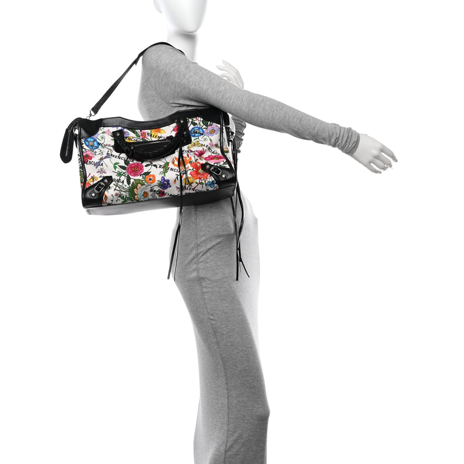 Balenciaga X GUCCI Canvas Azalea Calfskin Flora Logo Print Neo Classic Silver Hardware Medium City White Multicolor Black 2 of 11