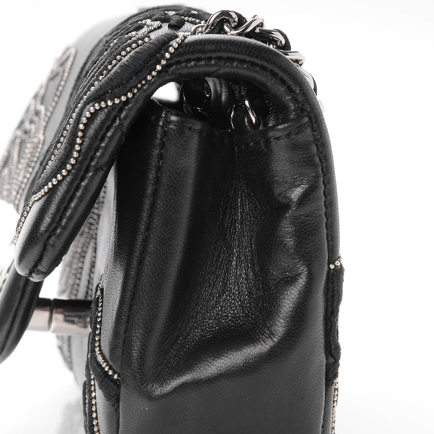 Lambskin Studded Camellia Embroidered Mini Rectangular Flap Black