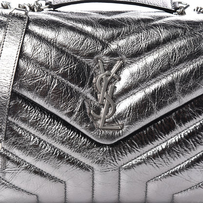 Saint Laurent Metallic Calfskin Y Quilted Monogram Small Loulou Chain Satchel Acciaio 10 of 11