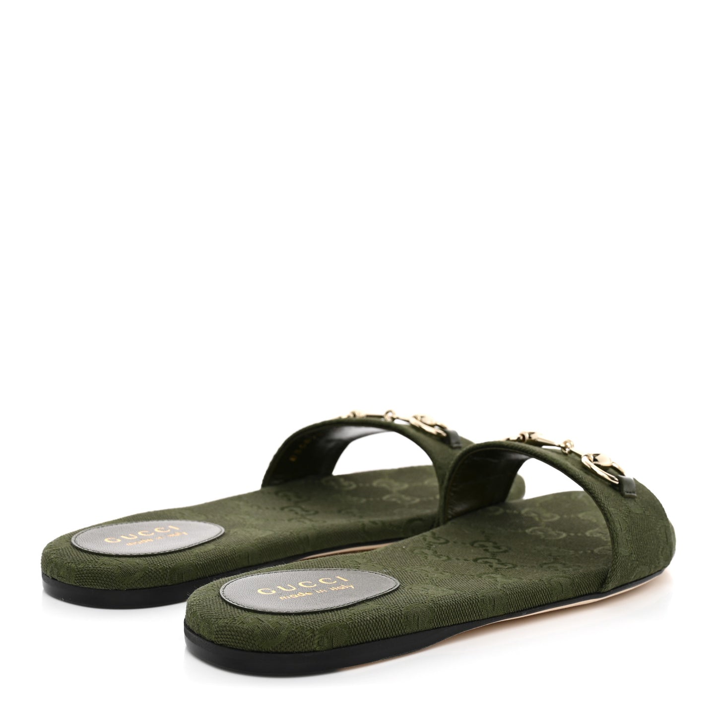 New Canvas Monogram GG Granada Kid Horsebit Slide Sandals 38 Dark Green