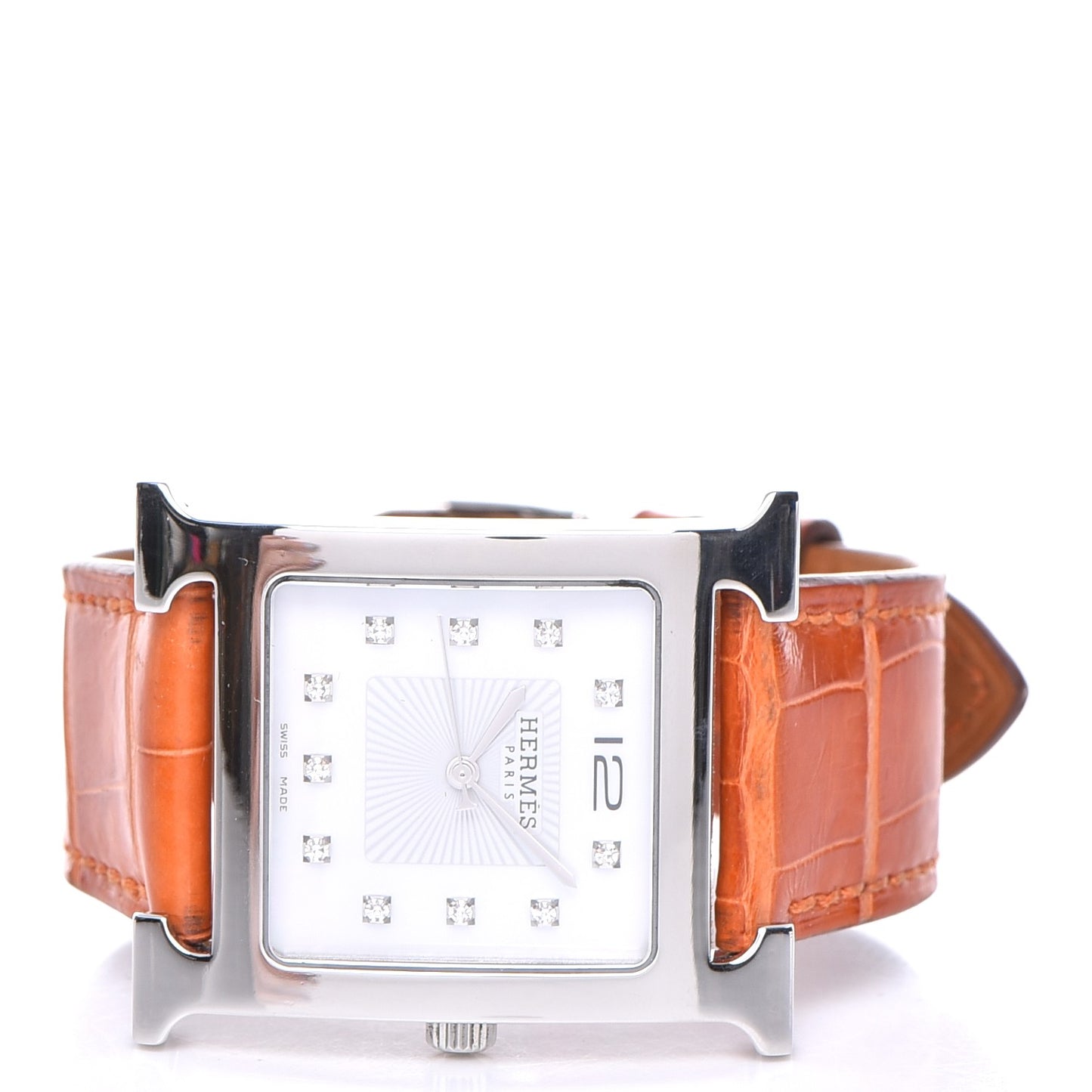 Sterling Silver Alligator Diamond Mother of Pearl 30.5mm Heure H Hour Quartz Watch Orange