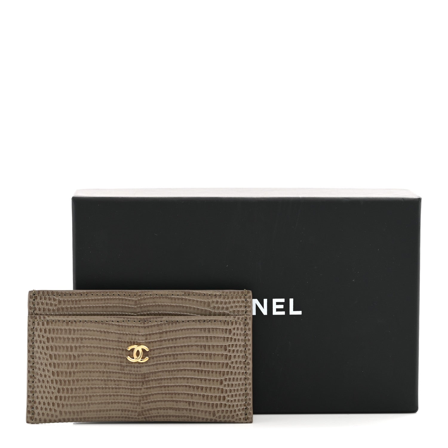Chanel Calfskin Lizard Embossed Card Holder Gold Dark Khaki