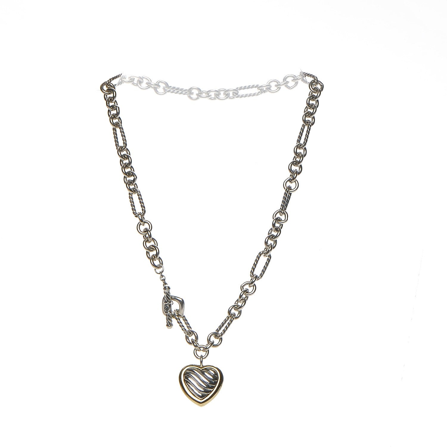 David Yurman Sterling Silver 18K Yellow Gold Cable Heart Figaro Necklace 3 of 7