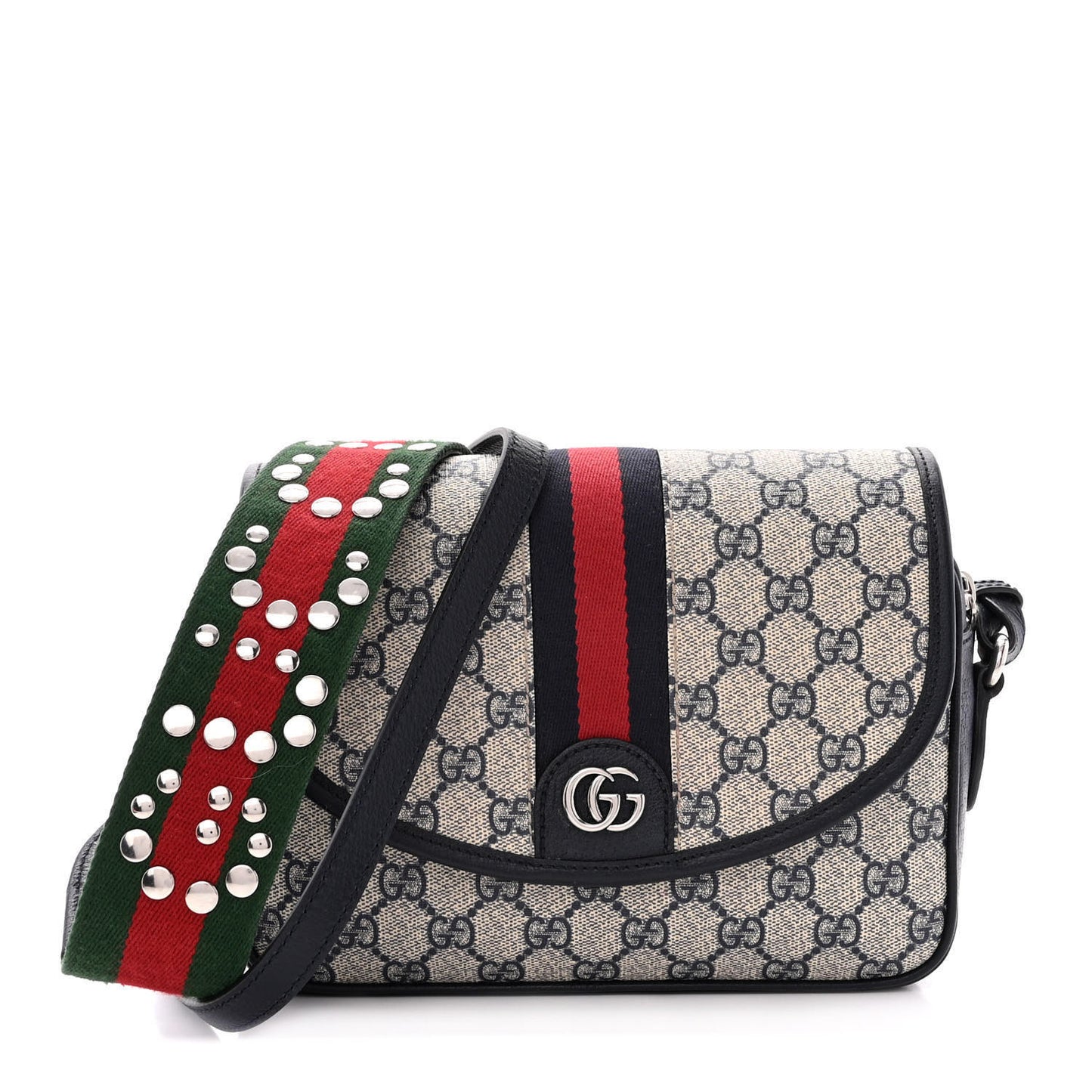 GG Supreme Monogram Textured Dollar Calfskin Web Studded Mini Ophidia Flap Shoulder Bag Beige Blue