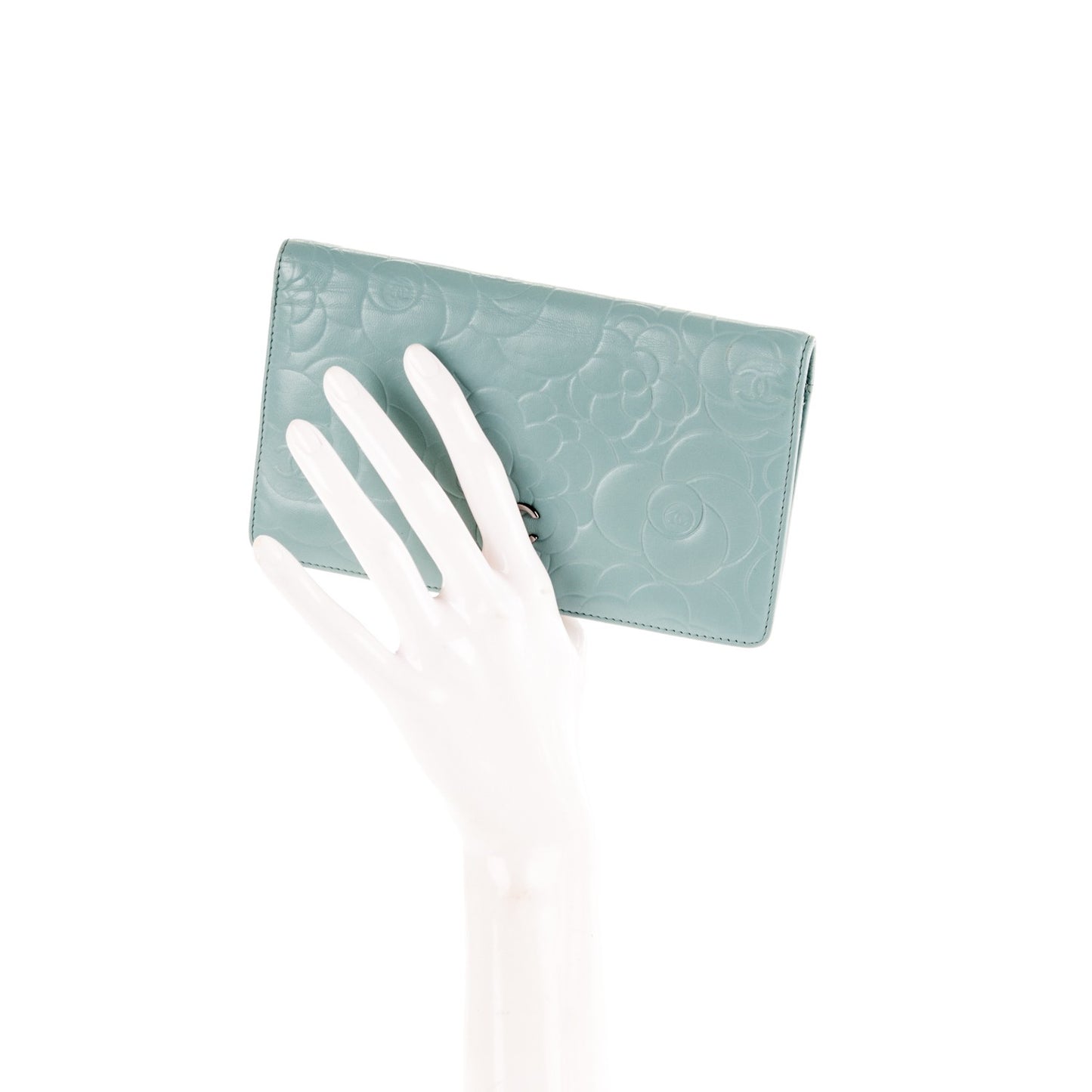 Lambskin Camellia Embossed Yen Wallet Light Blue