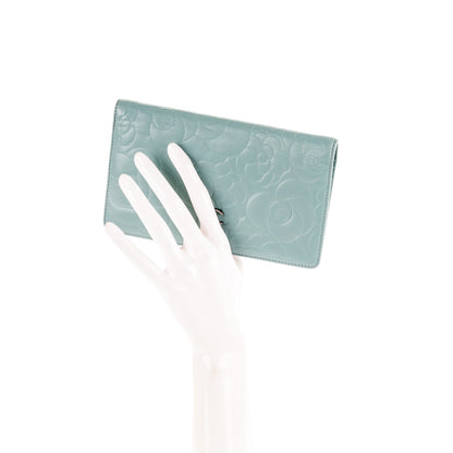 Chanel Lambskin Camellia Embossed Yen Wallet Light Blue 2 of 8