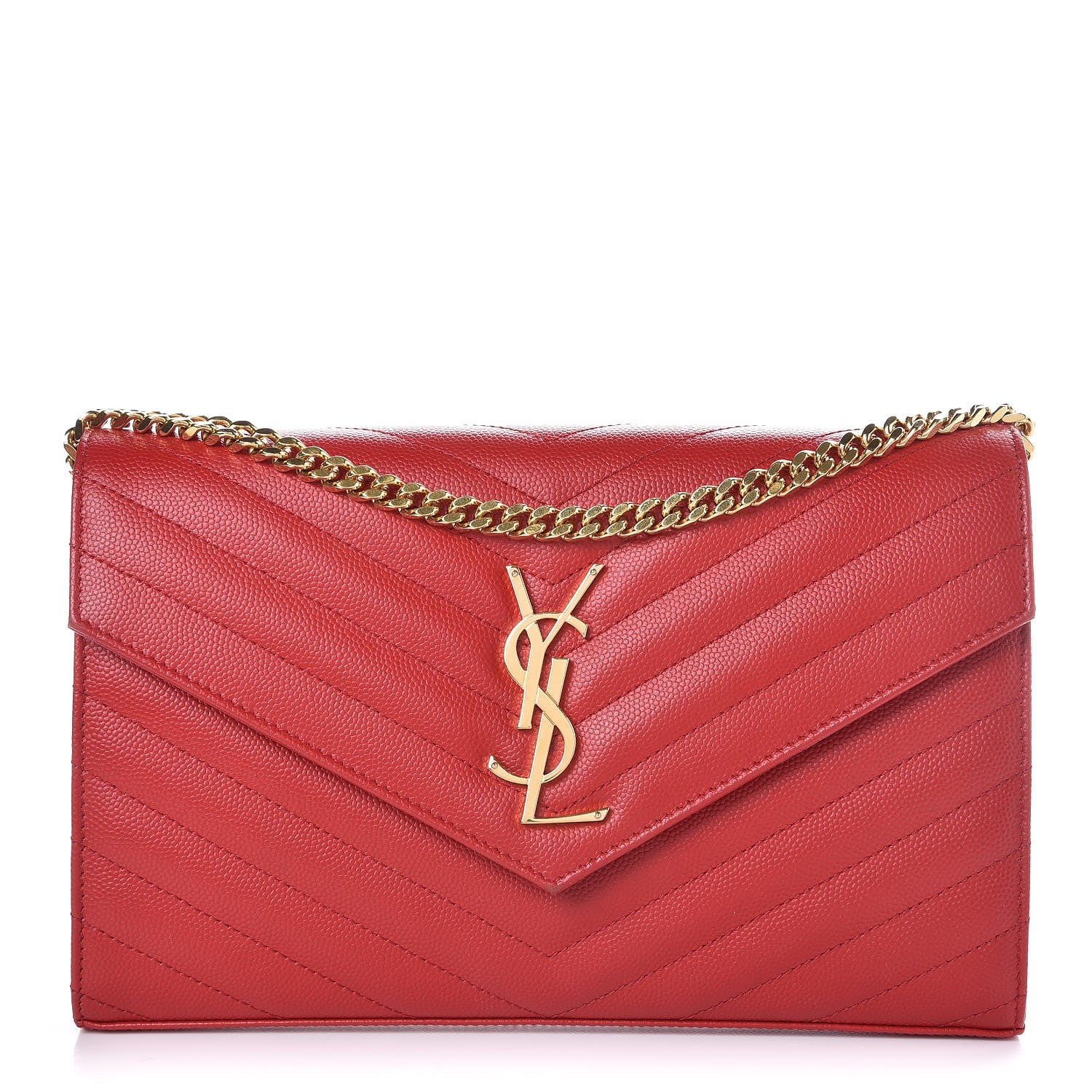 Saint Laurent Grain De Poudre Matelasse Chevron Monogram Chain Wallet New Red 1 of 8