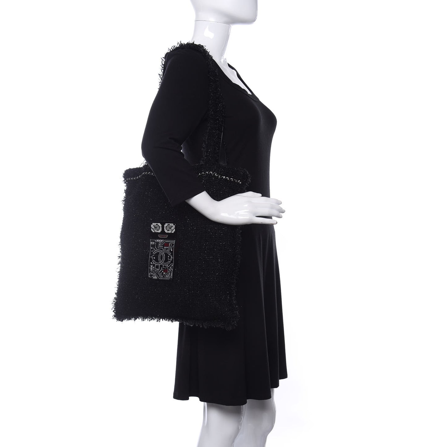 Tweed Resin Strass Large Robot Shopping Bag Black