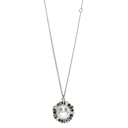 Chanel Crystal CC Smiley Emoji Pendant Necklace Silver Black 1 of 5