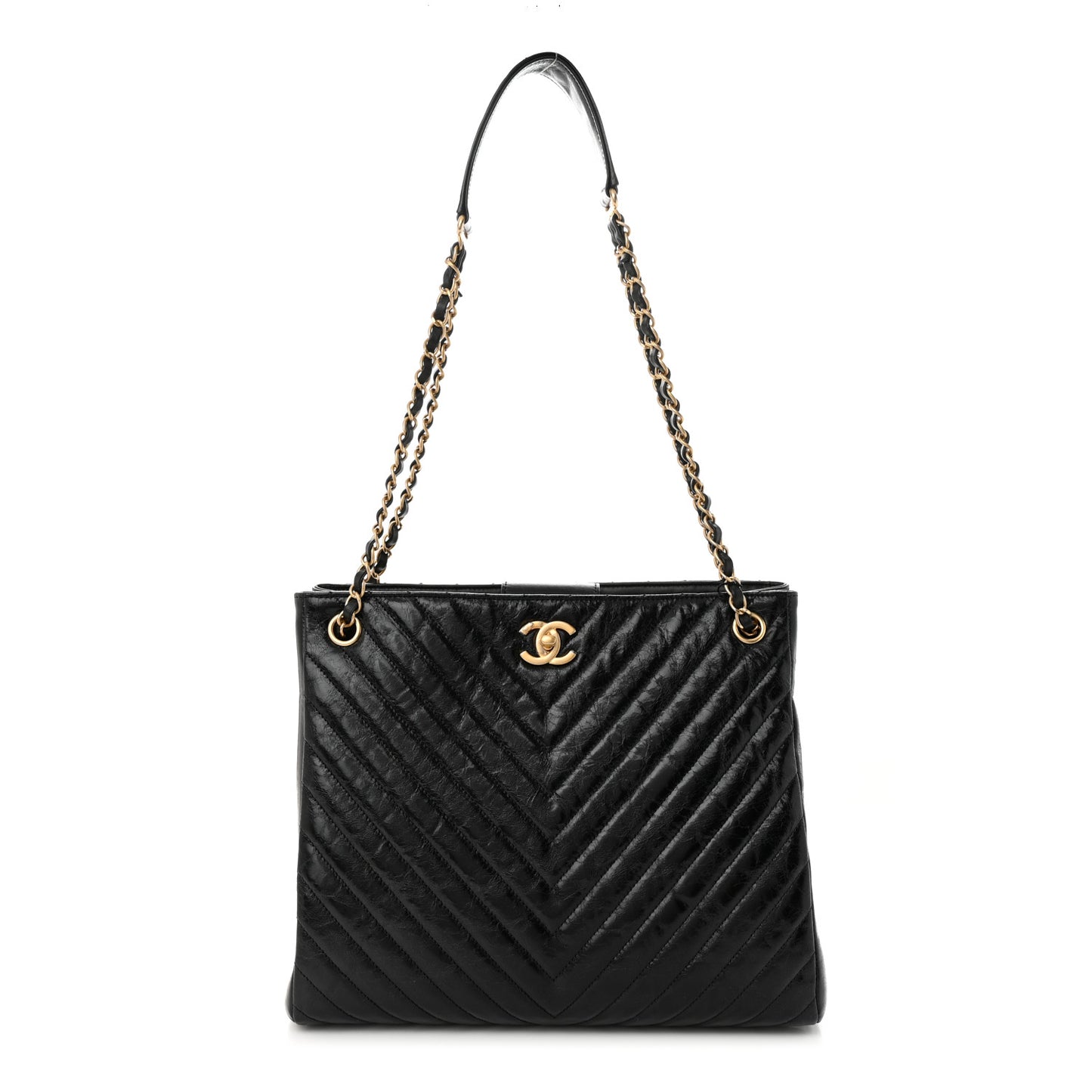Aged Calfskin Chevron Quilted Shopping Tote Black