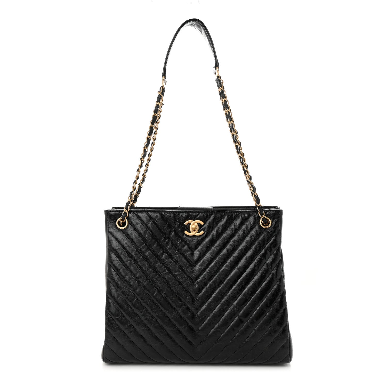 Chanel Aged Calfskin Chevron Quilted Shopping Tote Black 1 of 10