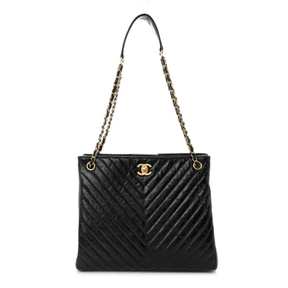Chanel Aged Calfskin Chevron Quilted Shopping Tote Black 1 of 10