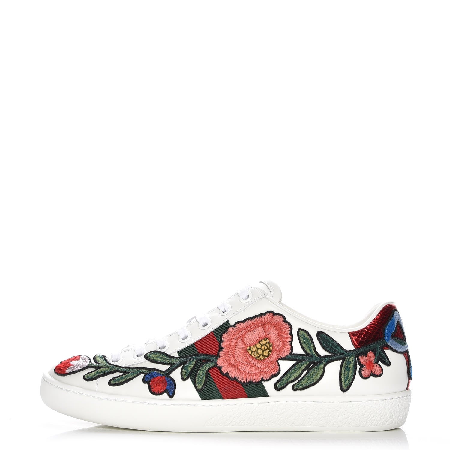 Gucci Calfskin Web Floral Embroidered Ace Sneakers 35.5 White 1 of 9