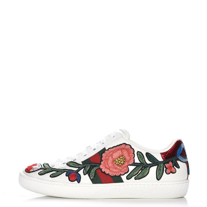Gucci Calfskin Web Floral Embroidered Ace Sneakers 35.5 White 1 of 9