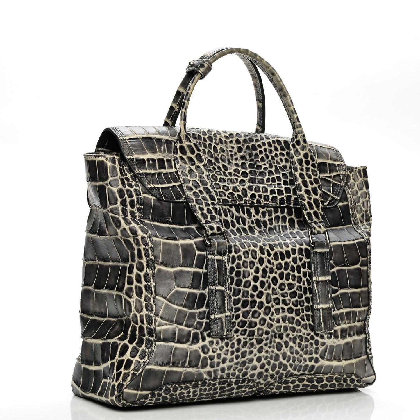 3.1 Calfskin Crocodile Embossed Large Pashli Satchel Antique Grey