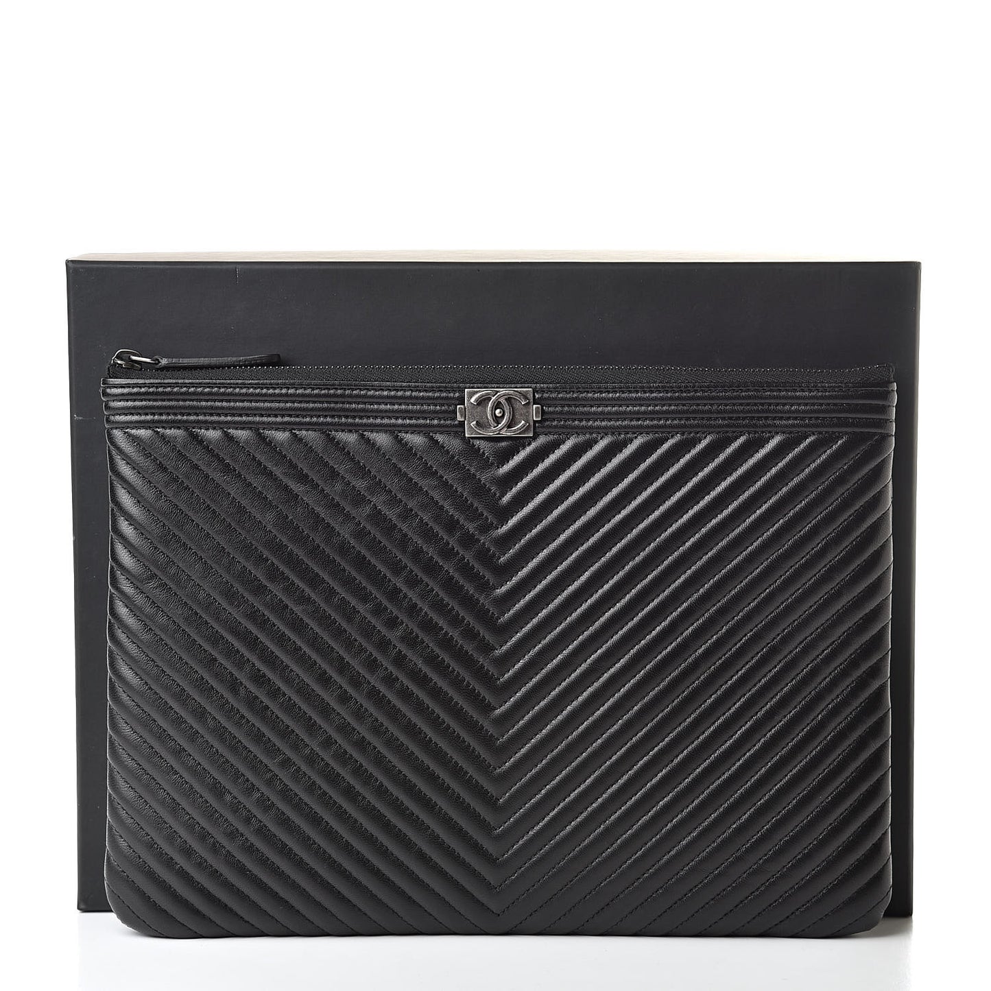 Calfskin Chevron Boy Zip Pouch Black