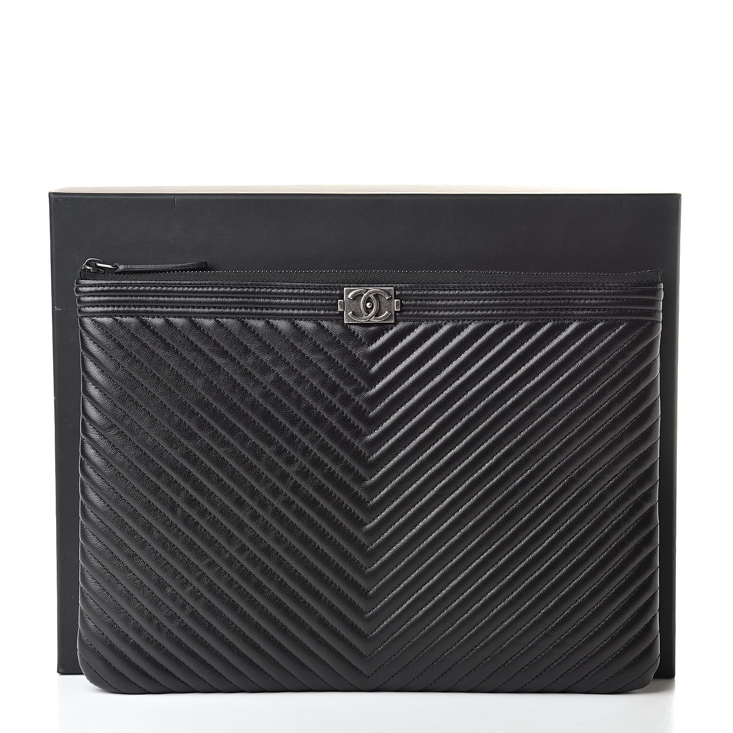 Chanel Calfskin Chevron Boy Zip Pouch Black 8 of 8