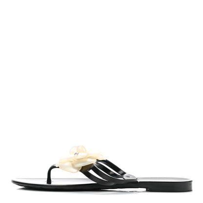 Chanel Jelly Quilted Camellia Thong Sandals 39 Black White 1 of 7