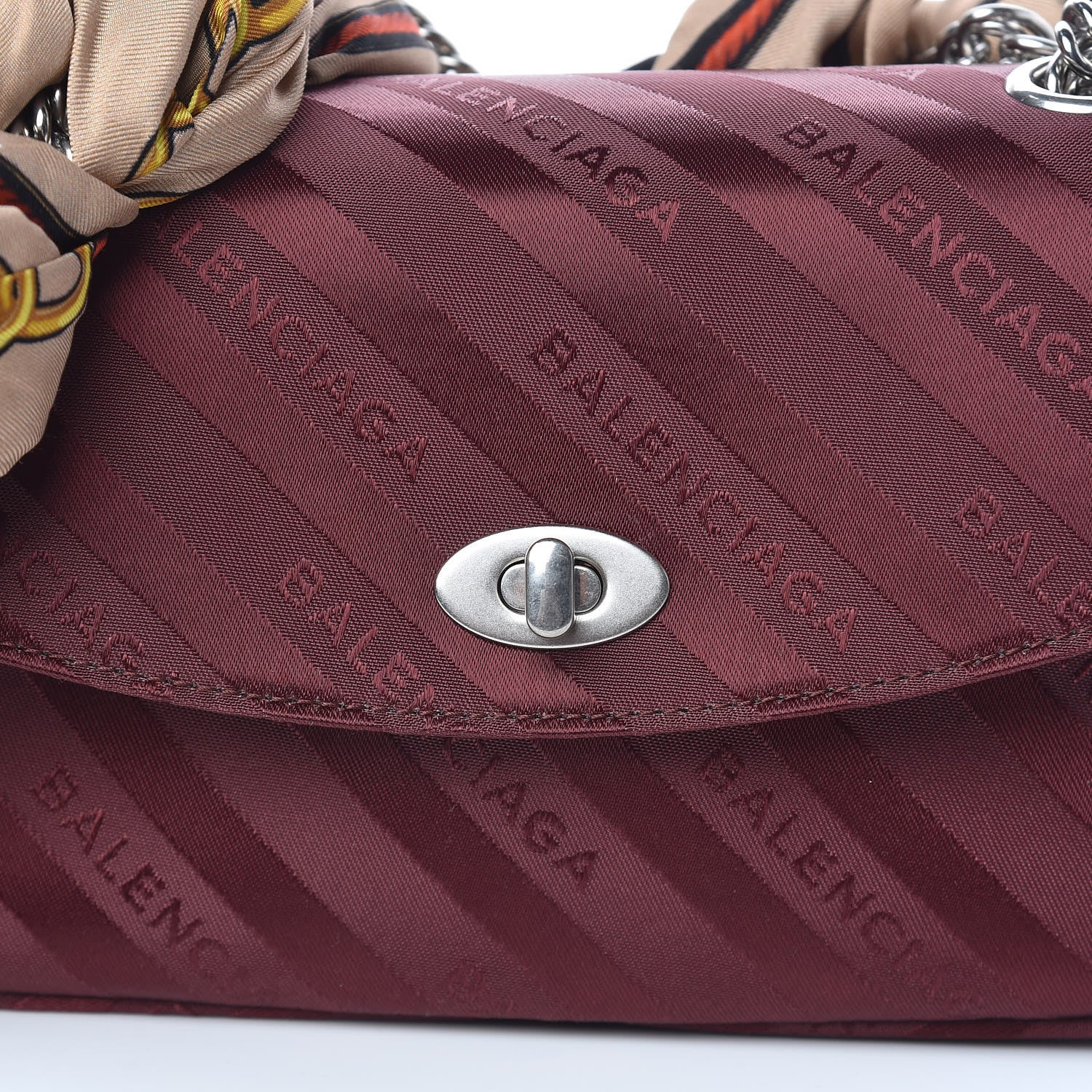 Balenciaga Nylon Jacquard Diagonal Logo Small Scarf Lock Chain Shoulder Bag Rouge Bordeaux Black Beige 10 of 10