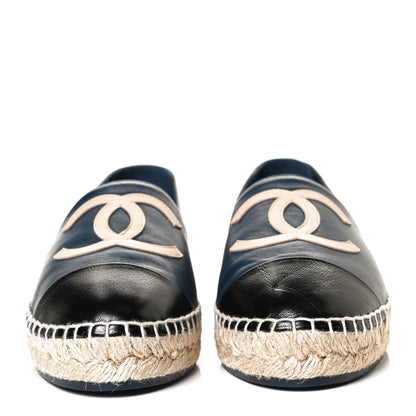 Chanel Lambskin Shiny Calfskin CC Espadrilles 39 Navy Blue Beige Black 2 of 13