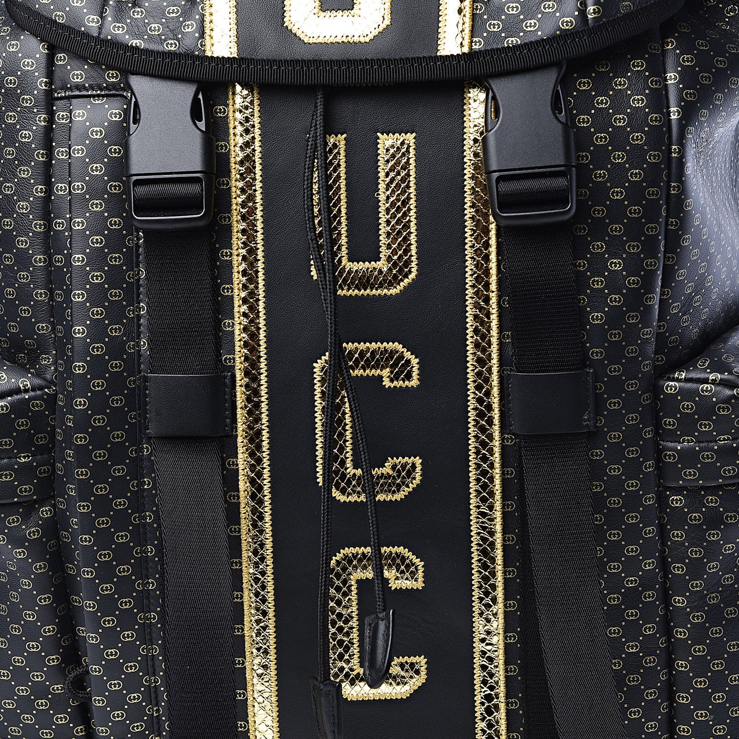 X DAPPER DAN Calfskin Laminated Ayers GG Micro Monogram Double Buckle Backpack Black Gold