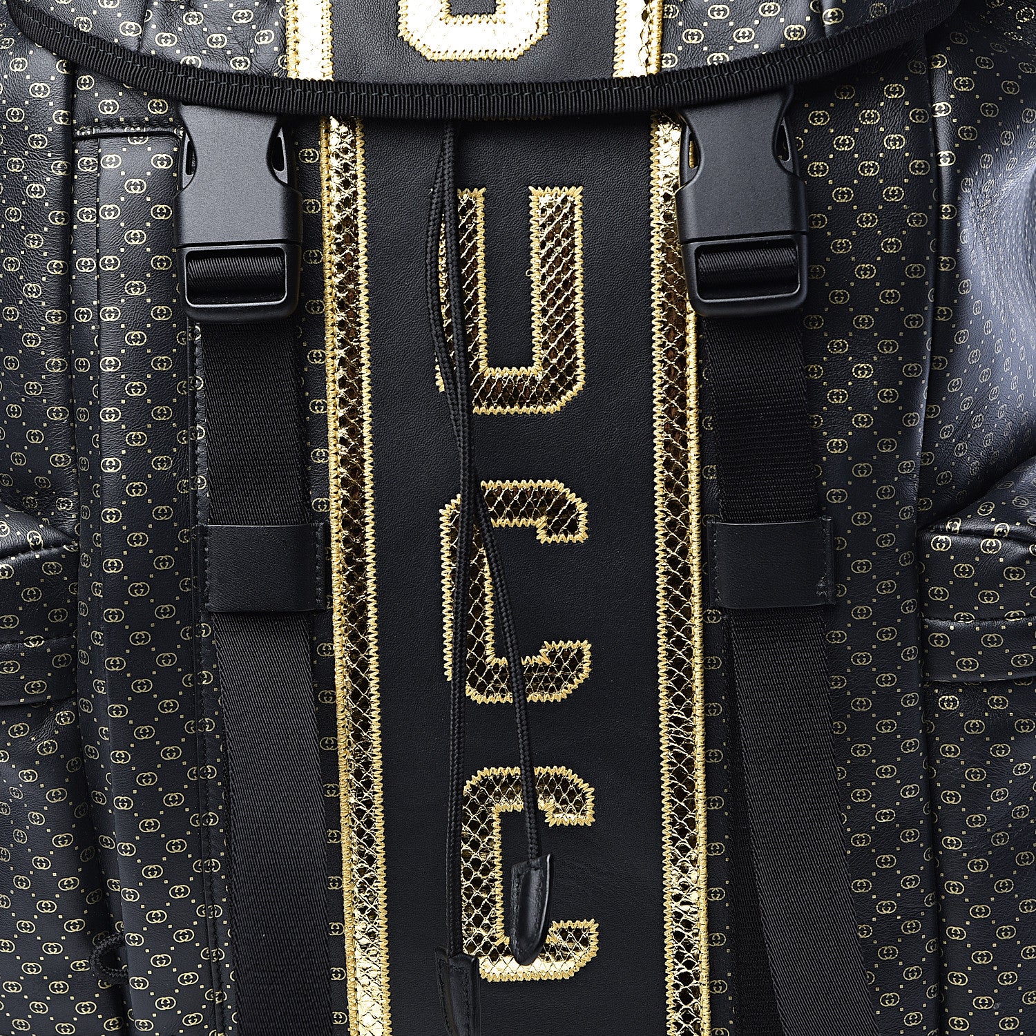Gucci X DAPPER DAN Calfskin Laminated Ayers GG Micro Monogram Double Buckle Backpack Black Gold 9 of 11