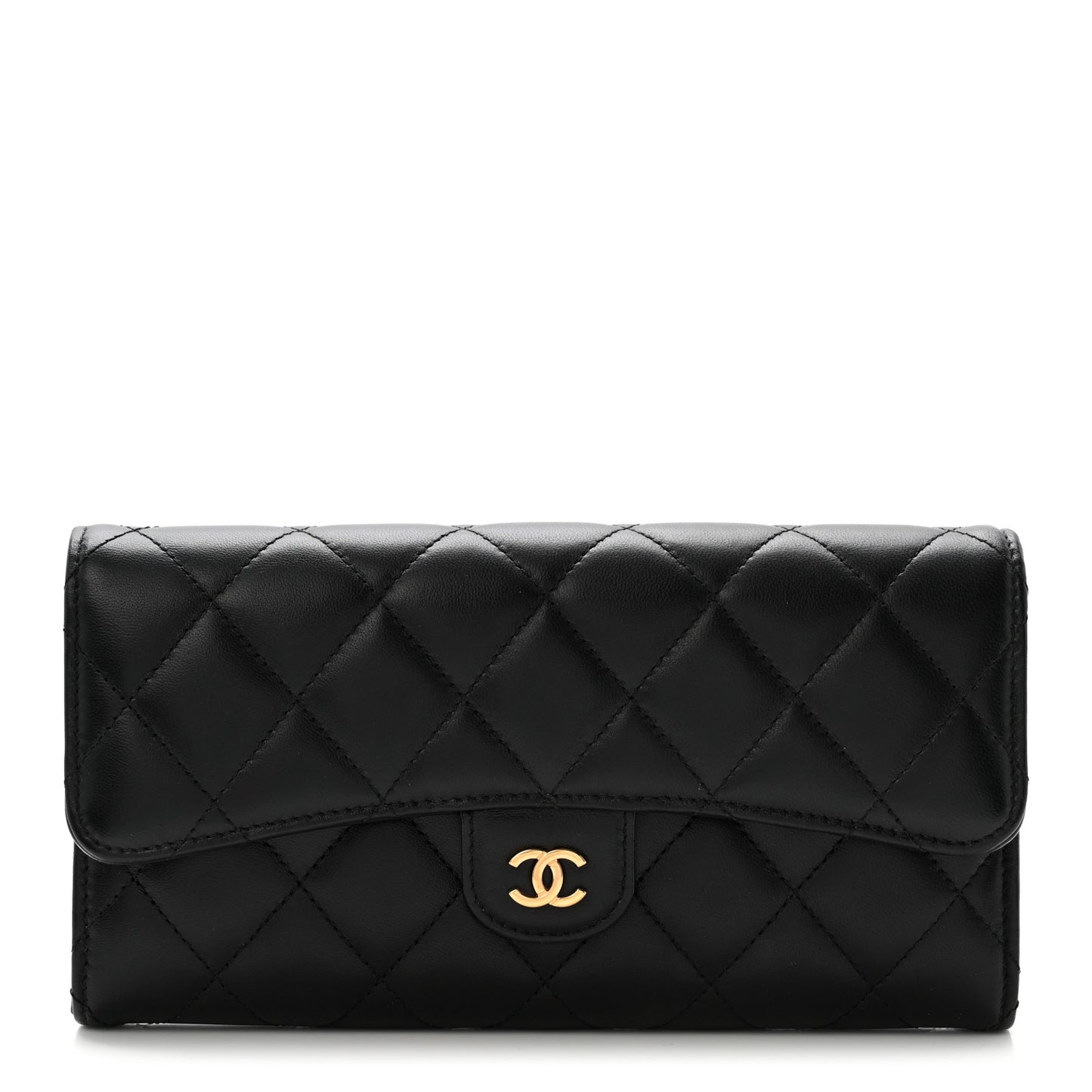 Lambskin Quilted Large Gusset Flap Wallet Black