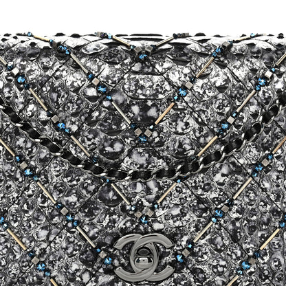 Chanel Metallic Snakeskin Quilted Beaded Chain Clutch Black Silver 16 of 23