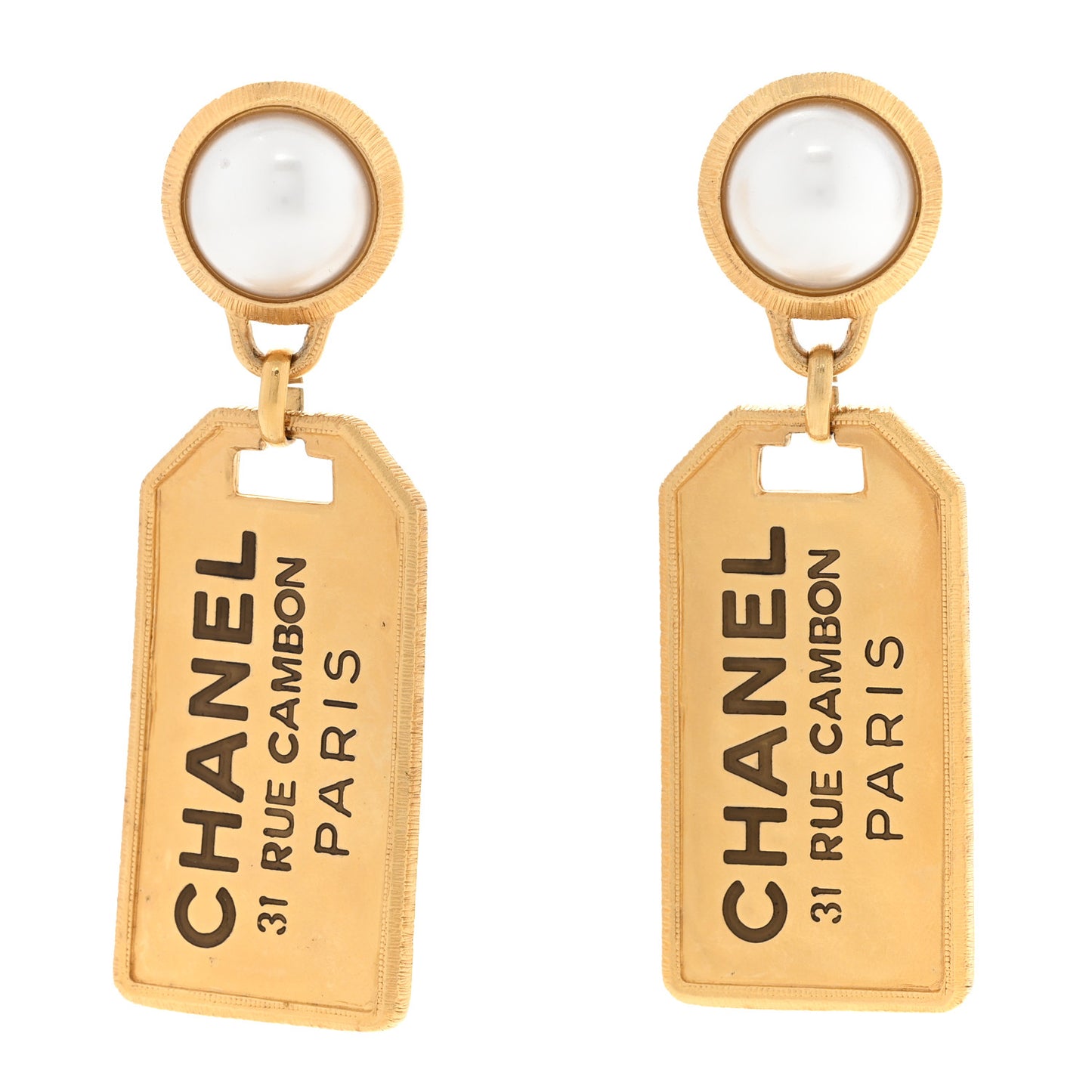 Pearl CC Tags Drop Earrings Gold