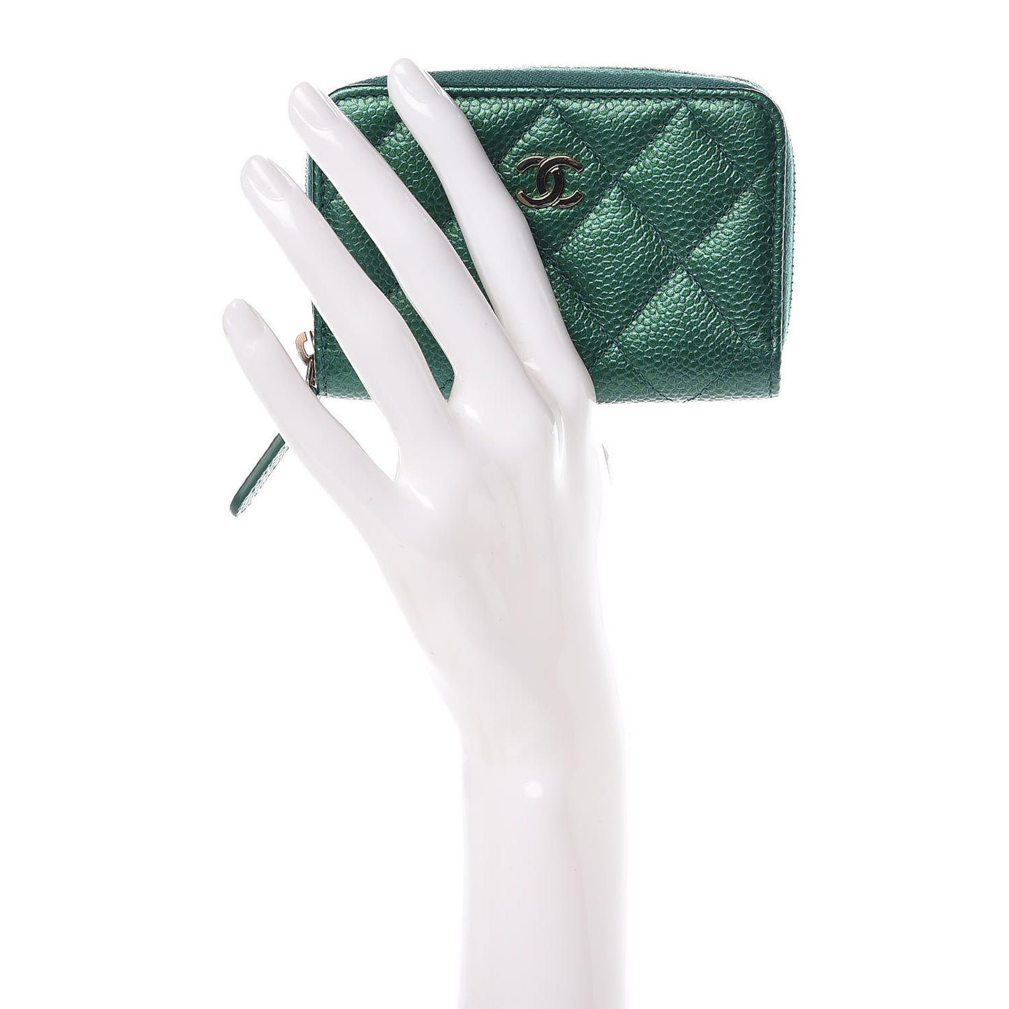 Metallic Caviar Quilted Zip Coin Purse Green