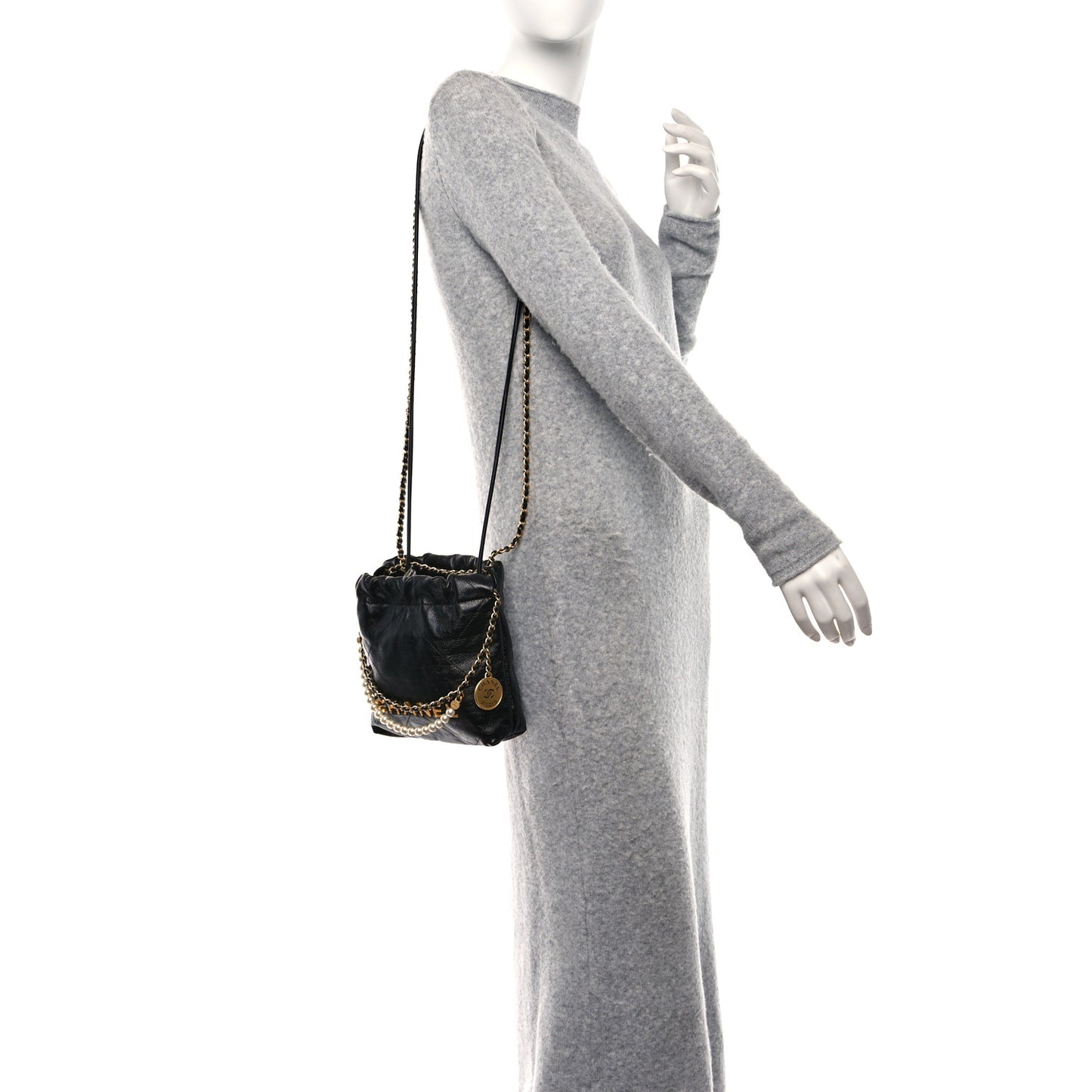 Shiny Crumpled Calfskin Quilted Pearl Mini Chanel 22 Black