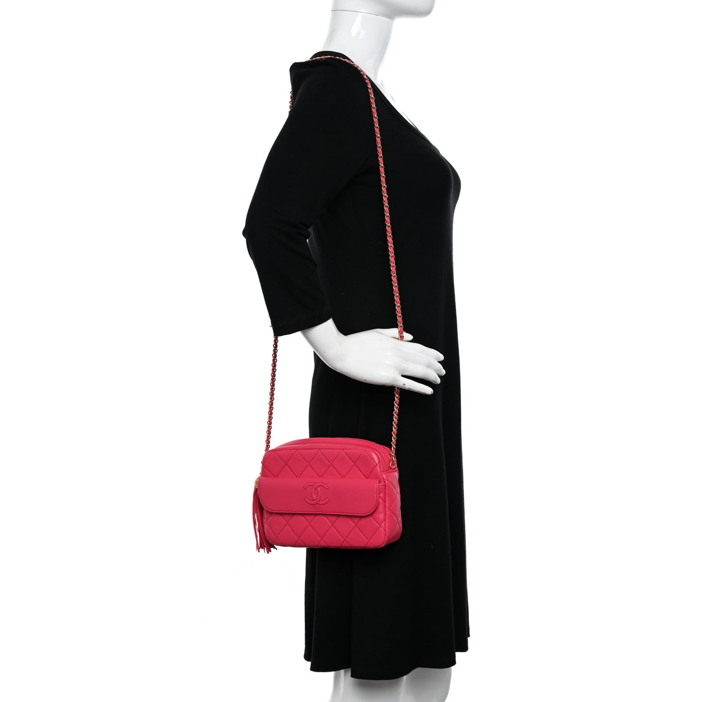 Lambskin Quilted Chain & Tassel Small Camera Case Fuchsia